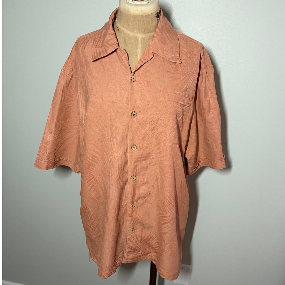 Jamaica Jaxx Medium Silk Jacquard Tropical Palm Leaf Camp Shirt Coral Peach